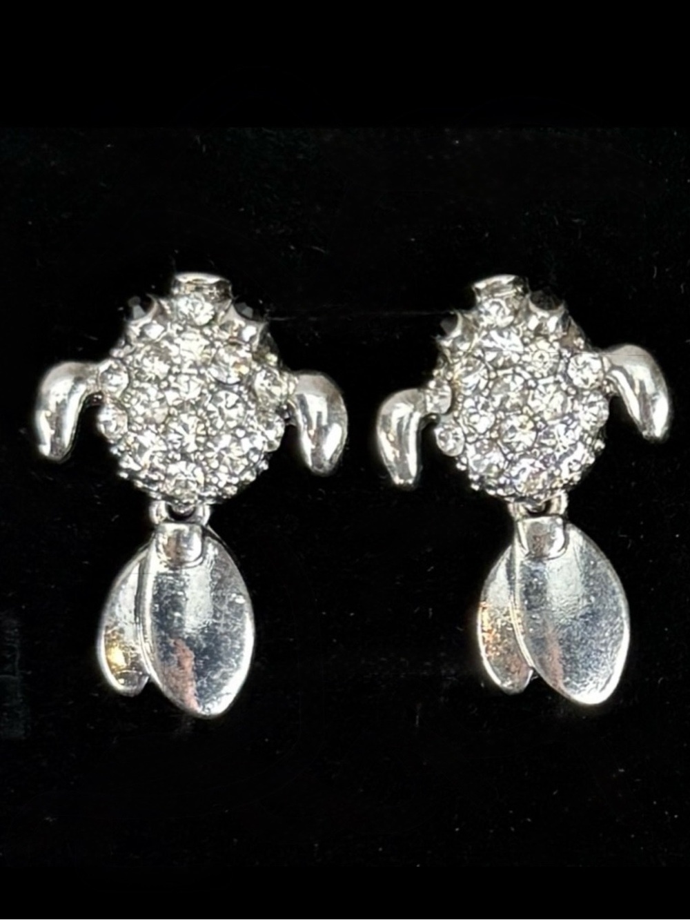 Vintage, silvertone, bling, movable tail puffer fish pierced earrings